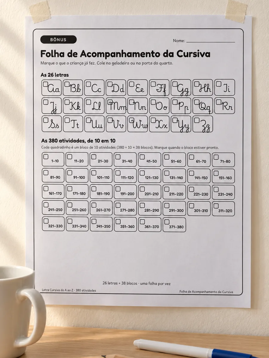 Folha de Acompanhamento da Cursiva (bônus) impressa e presa com fita na parede, com as 26 letras e caixinhas pra marcar