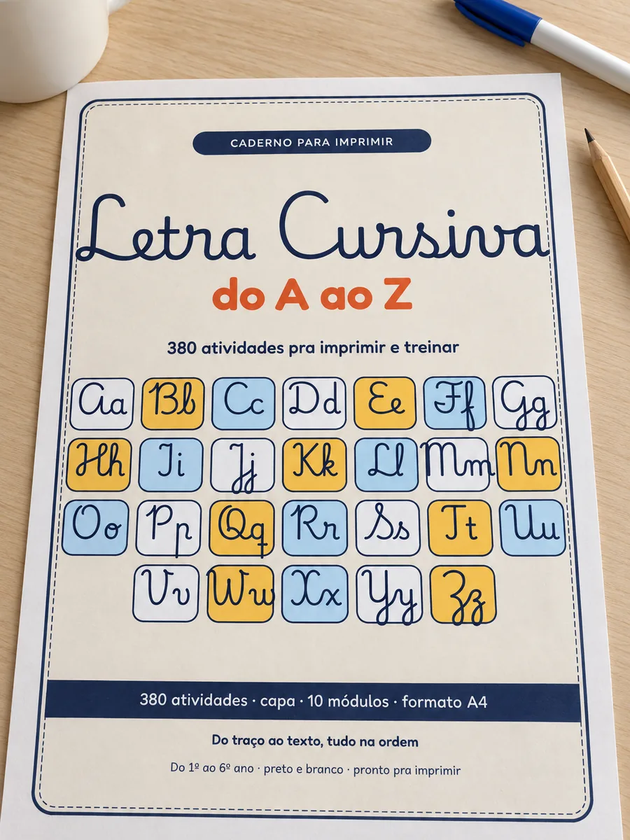 Capa do caderno Letra Cursiva do A ao Z impressa em A4 sobre a mesa