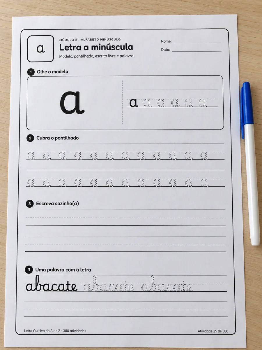 Folha de uma letra: modelo, pontilhado e linhas livres, impressa sobre a mesa